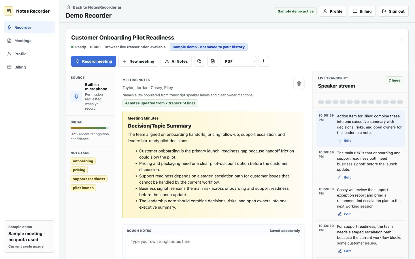 Notes Recorder sample workspace with organized meeting notes and a separate live transcript.